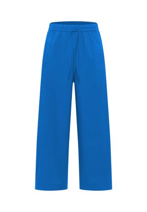 Bright blue wide-leg pants with an elastic waistband and drawstring closure, displayed against a white background.