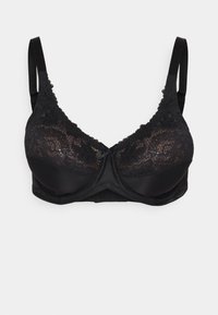 Black bra featuring lace cups, adjustable straps, and a smooth underband. Decorative bow detail at the center front. Soft texture throughout.