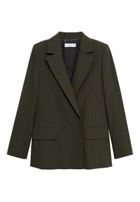 Blazer croisé vert olive foncé avec fines rayures, revers à crans, deux poches à rabat sur le devant et doublure noire.