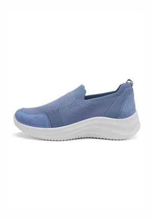Blaue Slipper mit einem strukturierten Stoffoberteil, elastischen Seitenteilen und einer klobigen weißen Sohle für Dämpfung und Unterstützung.
