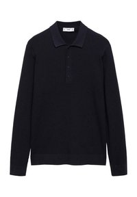 Navy blue long-sleeve polo shirt made of ribbed fabric, featuring a collar, three-button placket, and a straight hem.