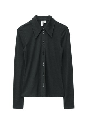Long-sleeve, dark grey shirt made of soft fabric. Features a wide collar and button-up front with matching dark buttons.