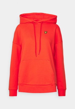 Sweat à capuche rouge vif avec poche kangourou devant, capuche à cordon et petit logo oiseau jaune sur la poitrine.