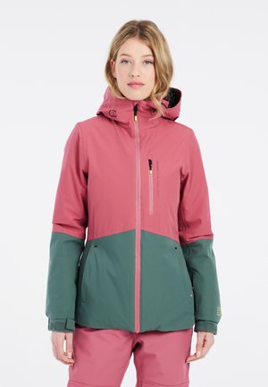 Wasserdichte Jacke in Pink und Grün, mit einem Reißverschluss vorne, verstellbarem Kapuzenrand und kontrastierendem Farbblockdesign. Hergestellt aus strapazierfähigem Stoff und mit den passenden Bündchen.