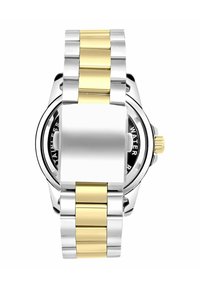 Silber- und goldfarbener Edelstahl mit einem geschwungenen Gehäuse, schwarzem Zifferblatt und strukturierten Bandgliedern. Verfügt über ein wasserfestes Design und eine Krone.