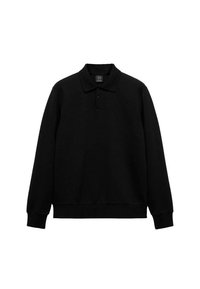 Camisa polo negra de manga larga hecha de material de algodón, con un cuello clásico, tapeta de tres botones y puños acanalados.