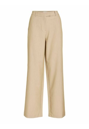 Bež široke hlače visokog struka s petljama za remen, prednjim patentnim zatvaračem i minimalnim detaljima šavova.