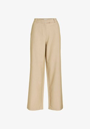 Bež široke hlače visokog struka s petljama za remen, prednjim patentnim zatvaračem i minimalnim detaljima šavova.