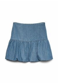 Denim krilo v svetlo modri barvi, s širokim naborom na robu in elastičnim pasom za udobje. Gladka tekstura z diskretnimi šivi.