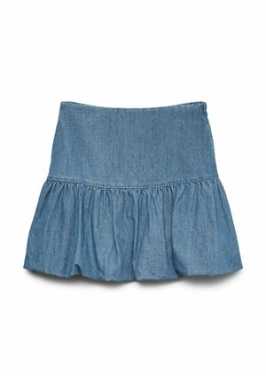 Denim skirt in light blue, features a flared ruffled hem and elastic waistband for comfort. Smooth texture with subtle stitching details.