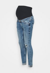 Jeans de maternidad azules con una cintura elástica negra, corte ajustado, detalles desgastados en las rodillas y puños doblados.