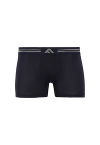 Navy blue boxer briefs with a smooth texture, featuring a contrasting gray striped waistband and a contoured pouch design.