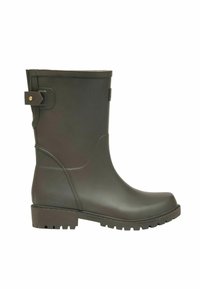 Tmavozelená gumová čižma s okrúhlou špičkou, nízkym opätkom a textúrovanou podrážkou. Obsahuje bočný popruh a hladký povrch.