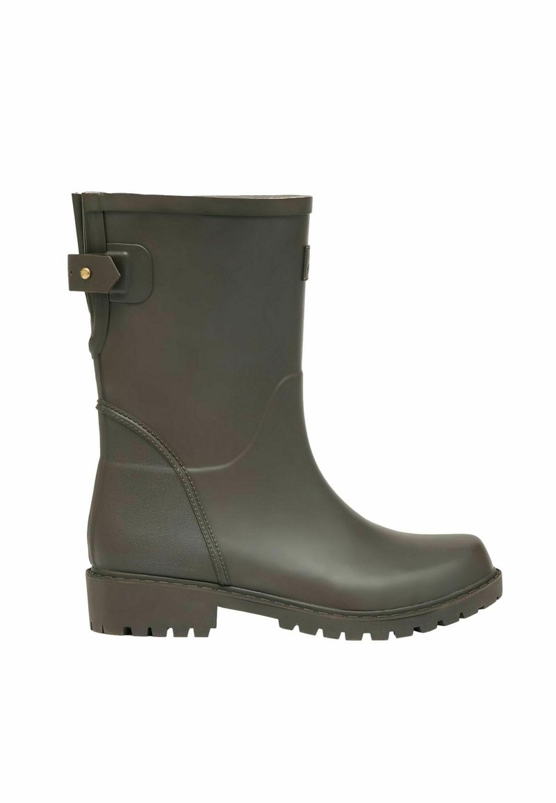 Tmavozelená gumová čižma s okrúhlou špičkou, nízkym opätkom a textúrovanou podrážkou. Obsahuje bočný popruh a hladký povrch.