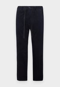 Marineblauwe corduroy broek met een gestructureerd oppervlak, rechte pijpen, elastische tailleband, trekkoord en zijzakken.