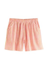 Shorts a righe con vita elastica, caratterizzati da linee verticali in tonalità di rosa, giallo e arancio. Sono inclusi due taschini laterali.