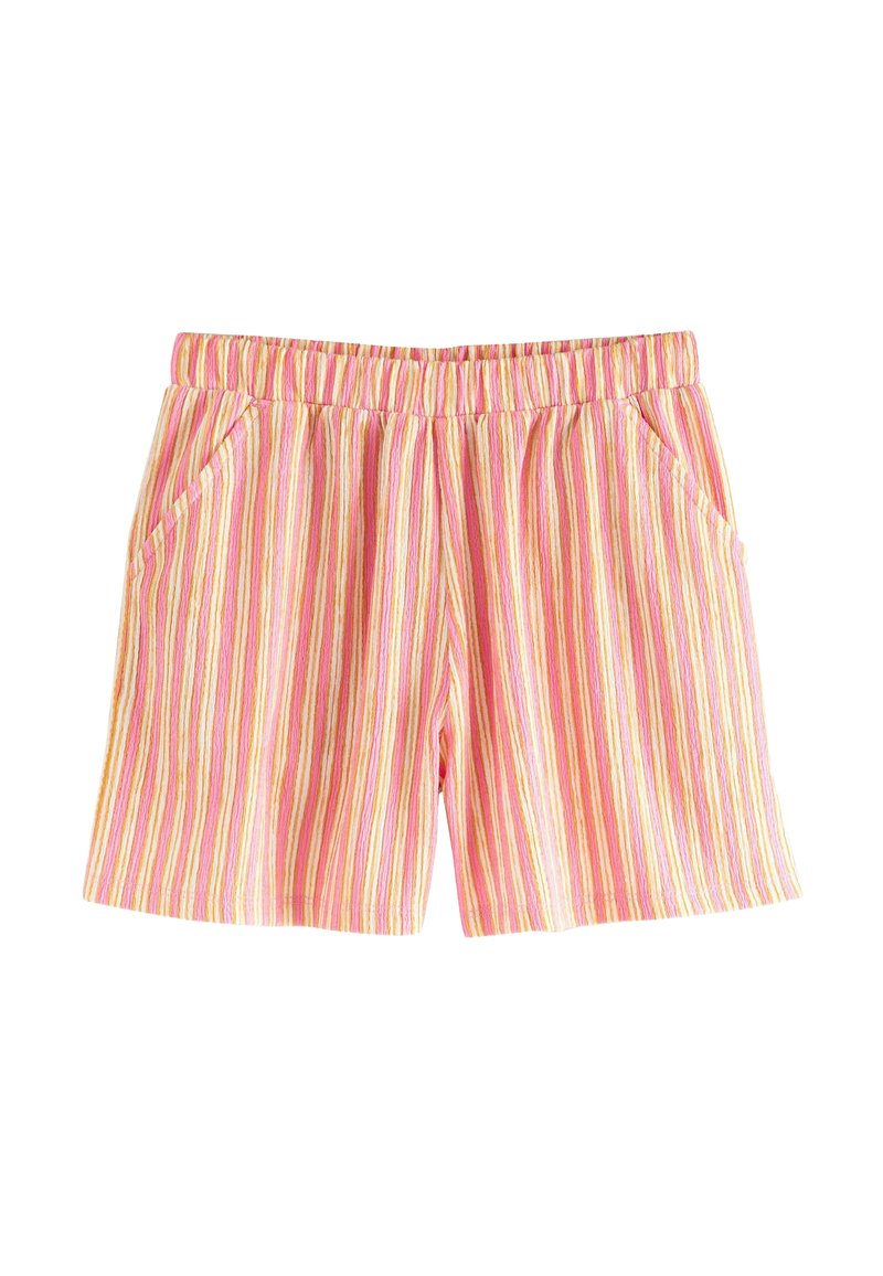 Shorts a righe con vita elastica, caratterizzati da linee verticali in tonalità di rosa, giallo e arancio. Sono inclusi due taschini laterali.
