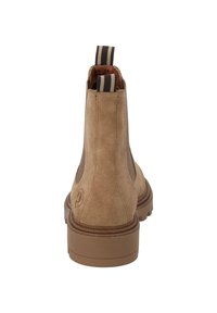 Botas de tobillo de ante de color marrón, con punta redonda, paneles laterales elásticos y suela de goma estriada. Presentan un lazo a rayas en la parte posterior para facilitar su uso.
