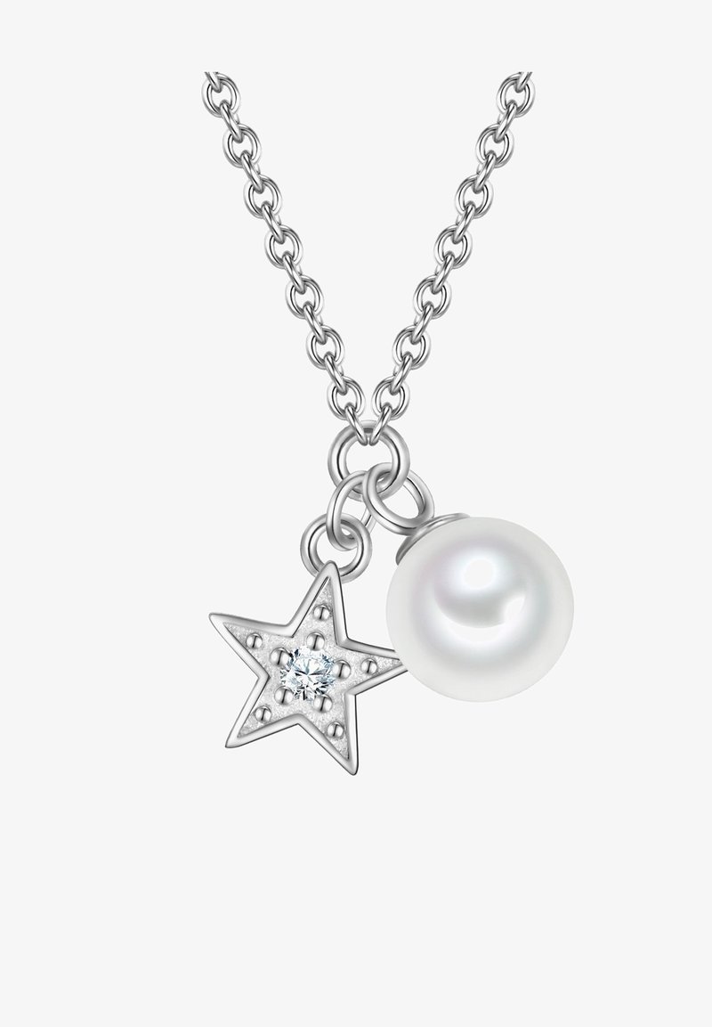 Sølv halskæde med en stjerne vedhæng med en diamant accent og en rund perle, der fremviser en glat tekstur og poleret finish.