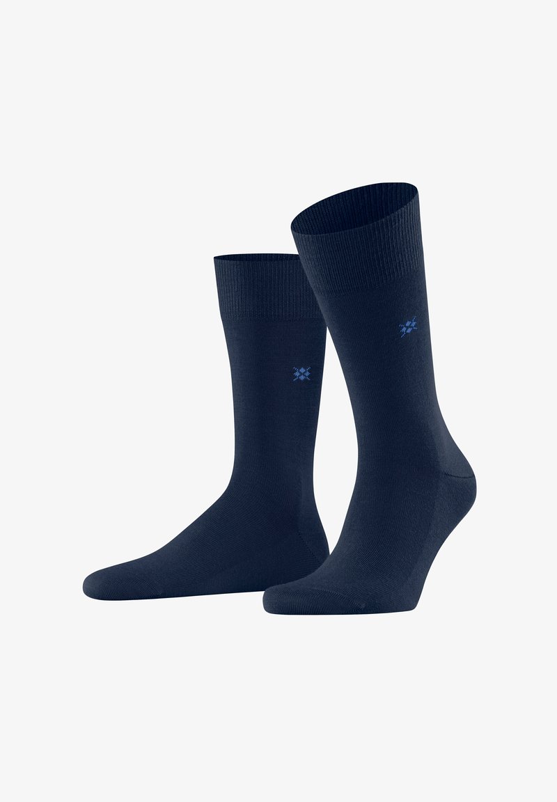 Calcetines de algodón azul marino con un puño acanalado, textura suave y un pequeño patrón azul de acento en el tobillo. Diseño de longitud estándar de tripulación.