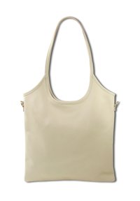 Beige leren totebag met een gladde textuur, brede schouderbanden en een minimalistisch ontwerp. Beschikt over een zijzak met rits voor extra gemak.