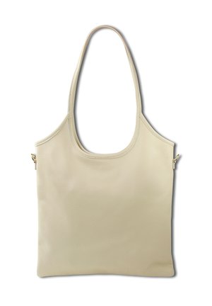 Beige leren totebag met een gladde textuur, brede schouderbanden en een minimalistisch ontwerp. Beschikt over een zijzak met rits voor extra gemak.
