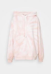 Bledě růžová mikina s efektem tie-dye, s klokaní kapsou, kapucí na šňůrku, žebrovanými manžetami a měkkým bavlněným materiálem. Obsahuje malé logo na hrudi.