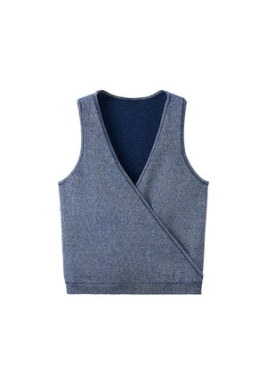 Gilet sans manches bleu tricoté avec un devant cache-cœur et un profond col en V, posé à plat sur un fond blanc.