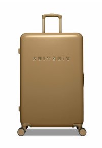 Goldfarbener Hartschalenkoffer mit teleskopischem Griff, vier Rädern und eingeprägtem "SUITSUIT"-Logo auf der Vorderseite. Glatte, matte Textur.