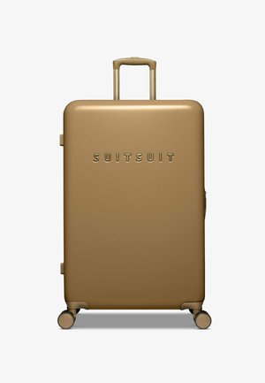 Goldfarbener Hartschalenkoffer mit teleskopischem Griff, vier Rädern und eingeprägtem "SUITSUIT"-Logo auf der Vorderseite. Glatte, matte Textur.