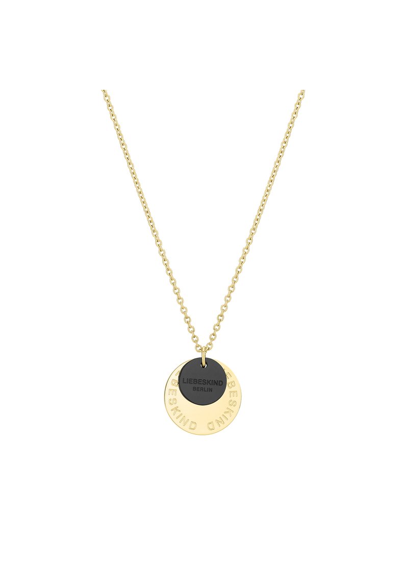 Gouden ketting met twee ronde hanger: een zwarte met gravure en een gouden met reliëftekst. Eenvoudig ontwerp, moderne esthetiek.