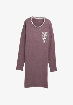 Sügisene pikkade varrukatega kleit sügavas lillakas kangas, millel on triibuline ümmargune kaelus ja valge graafiline kujundus vasakul küljel.