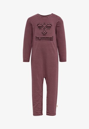 Gestreifter lila Einteiler mit langen Ärmeln und Rundhalsausschnitt, der ein bedrucktes Logo "hummel" und grafische Details auf der Vorderseite aufweist. Aus Baumwollmaterial.