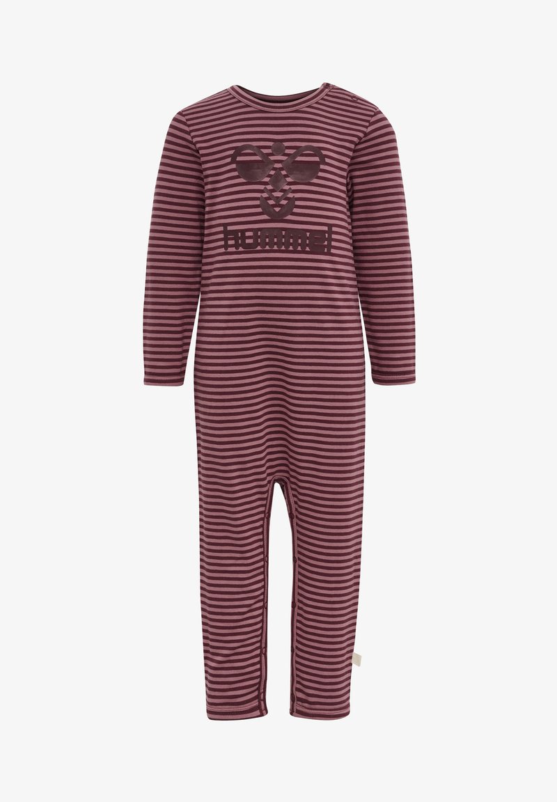 Grenouillère rayée violette, à manches longues, encolure ronde, ornée d'un logo imprimé "hummel" et de détails graphiques sur la poitrine. Matériau en coton.