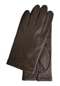 Braune Lederhandschuhe mit glatter Textur, drei separate Fingerbereiche und dekorative Nähte am Handgelenk. Softes Innenfutter sichtbar.