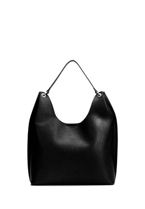 Bolso tote de cuero negro con una sola correa para el hombro y un logotipo de la marca en relieve sutil en el centro frontal.
