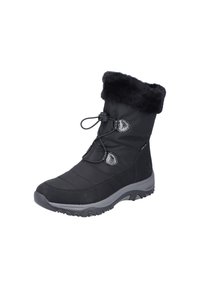 Black insulated winter boot with faux fur collar, textured upper, adjustable toggle closure, and rubber sole featuring traction patterns.