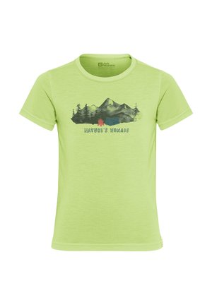Hellgrünes T-Shirt aus weichem Stoff mit einem Grafikdesign von Bergen, Bäumen und einem Zelt sowie dem Text "NATURE'S NOMADS" in Blau.
