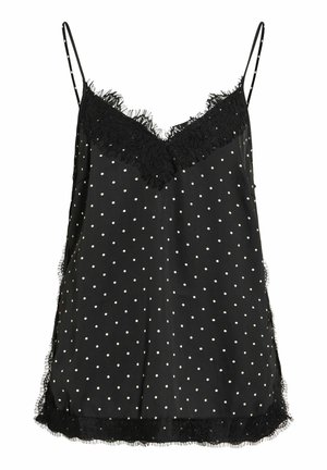 Caraco noir sans manches avec fines bretelles, pois blancs et bordure en dentelle le long de l'encolure, des côtés et de l'ourlet.