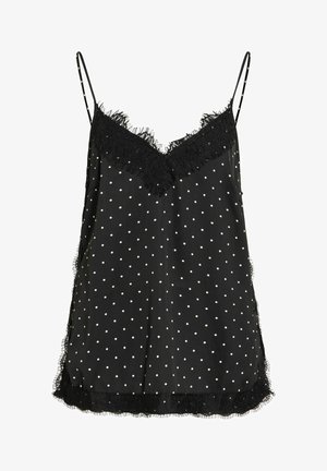 Crna bez rukava top s tankim naramenicama, bijelim točkicama i čipkanim rubom uz izrez, sa strane i na rubu.