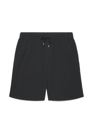 Pantaloncini neri casual con vita elastica, coulisse regolabile e tasche laterali, mostrati distesi su sfondo bianco.