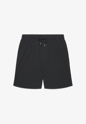 Pantaloncini neri casual con vita elastica, coulisse regolabile e tasche laterali, mostrati distesi su sfondo bianco.