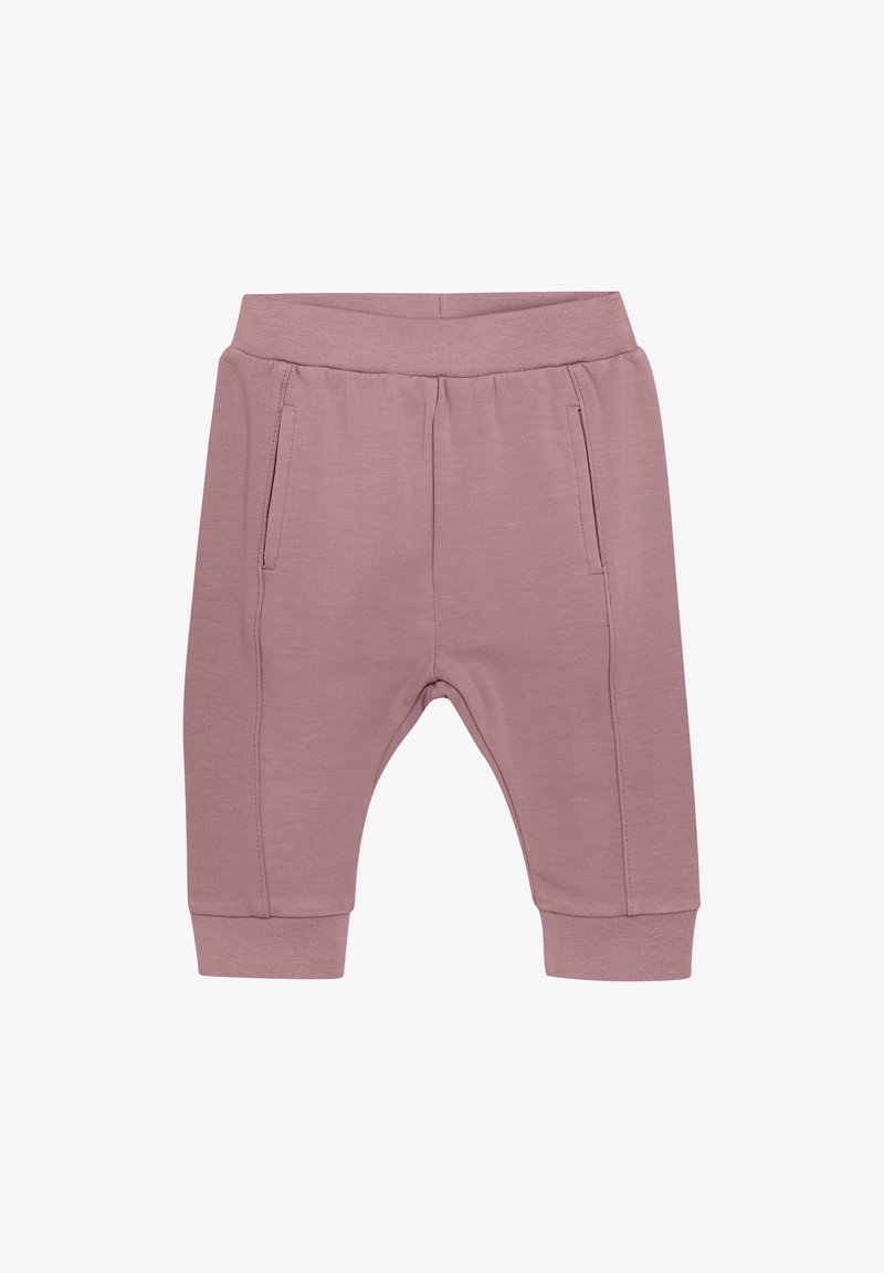 Helllila Kinder-Sweatpants aus weicher Baumwolle mit elastischem Bund, schmal zulaufenden Bündchen und zwei vorderen Taschen.