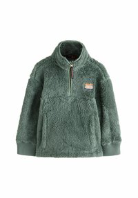 Fleece-Pullover in gedämpftem Grün mit Reißverschlusskragen, gerippten Bündchen, Fronttasche und einem bergmotivierten Aufnäher auf der Brust.