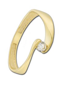 Bague en or jaune au design moderne et courbé, dotée d'un petit diamant rond clair serti au centre.