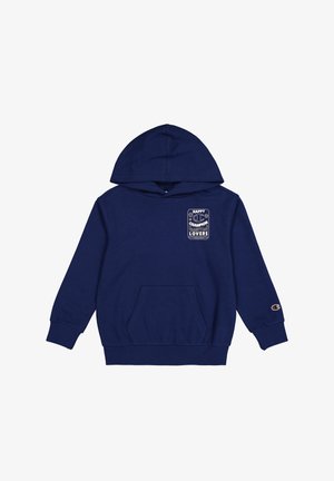 Felpa con cappuccio blu navy realizzata in morbido tessuto, dotata di tasca frontale e patch con logo e testo. Include polsini e orlo a coste.
