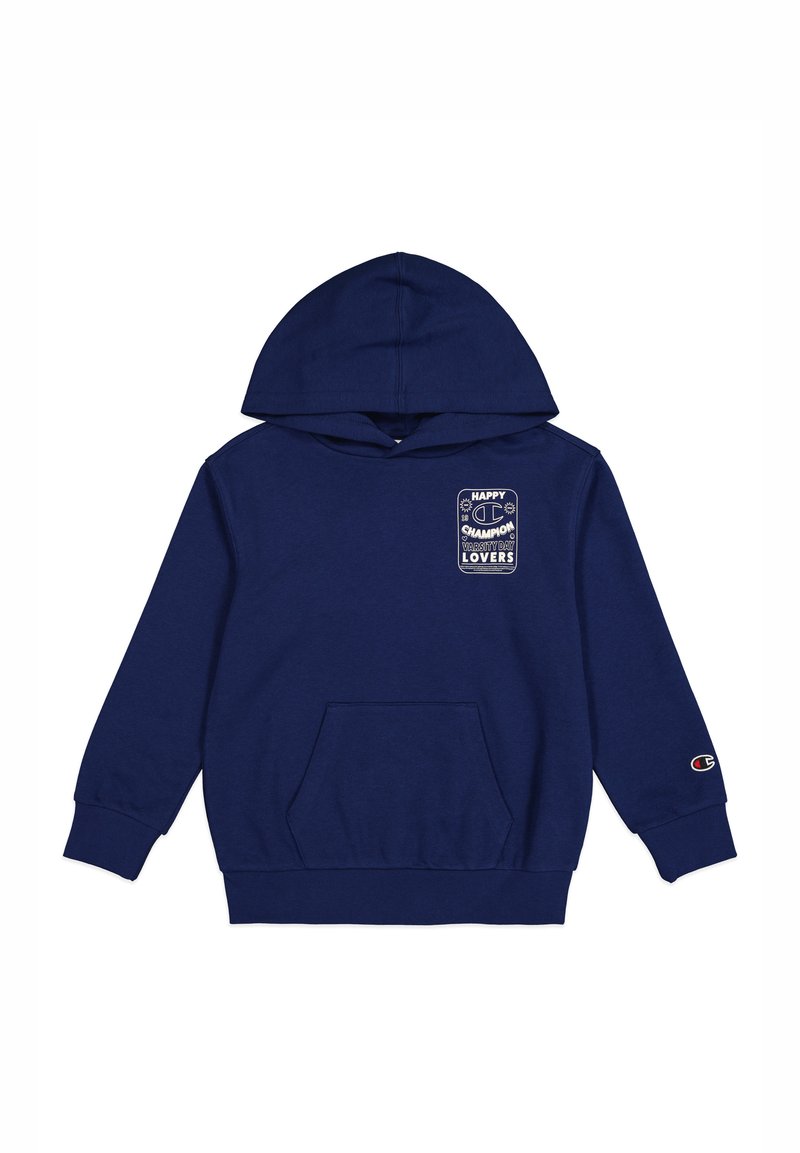 Felpa con cappuccio blu navy realizzata in morbido tessuto, dotata di tasca frontale e patch con logo e testo. Include polsini e orlo a coste.