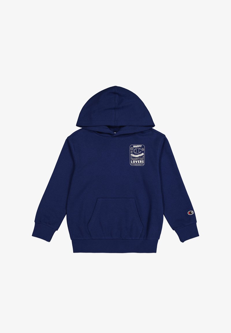 Granatowa bluza z kapturem wykonana z miękkiego materiału, z przednią kieszenią i naszywką z logo oraz napisem. Posiada ściągacze przy mankietach i u dołu.