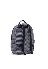 Patterned fabric backpack in navy and white, featuring adjustable black straps, a top handle, and side pockets for storage.