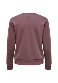 Mauve mikina s kulatým výstřihem, žebrovanými manžetami a lemem. Materiál má jemnou texturu a hladký, rovnoměrný povrch.